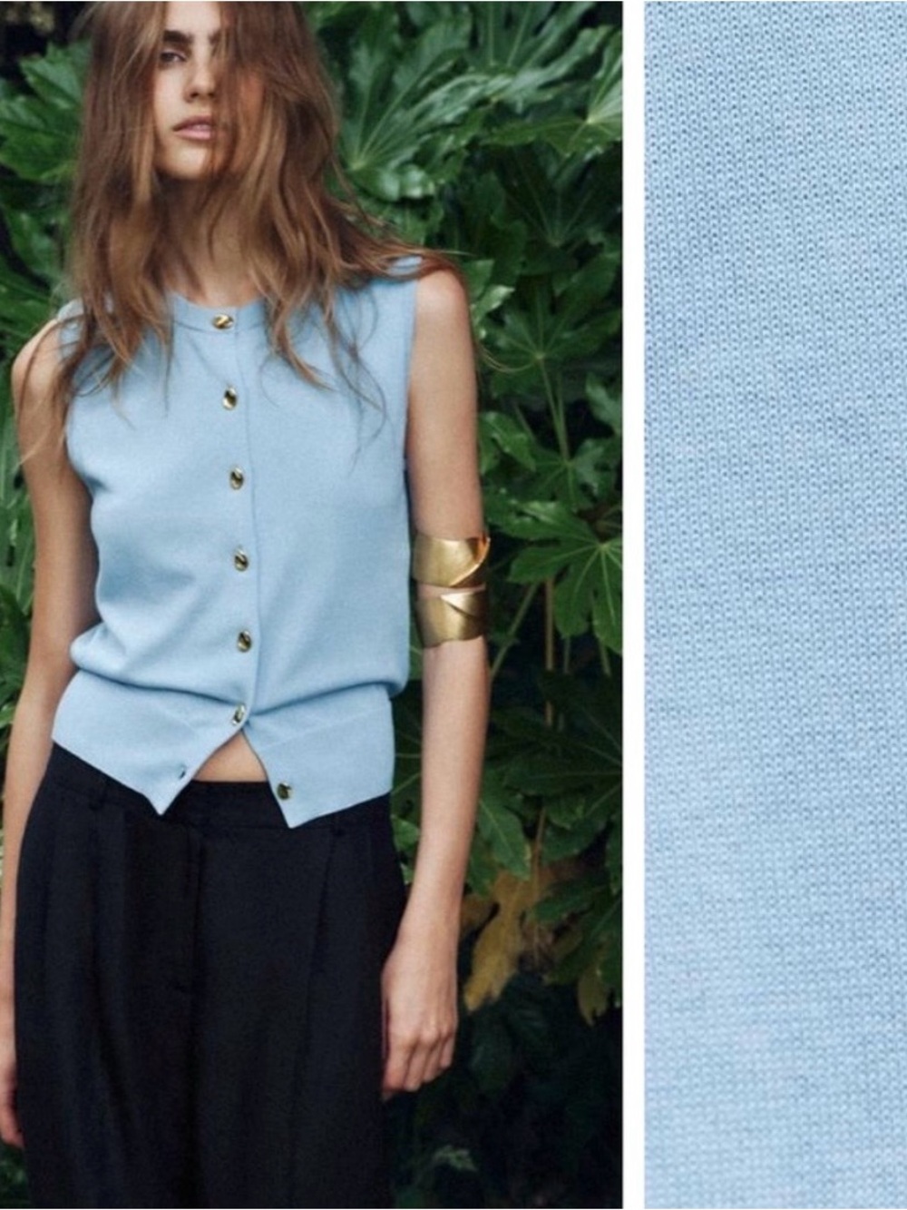 ZARA Light Blue Sleeveless Button-Front Knit Top - Women, Size L